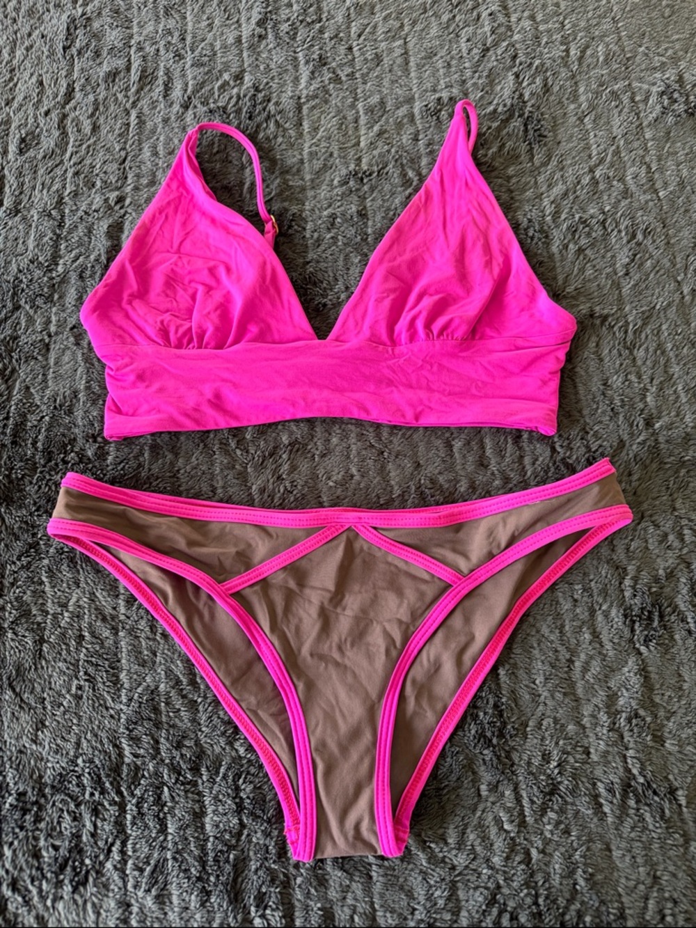 L space Hot Pink Triangle Bikini Set with Brown Contrast Trim